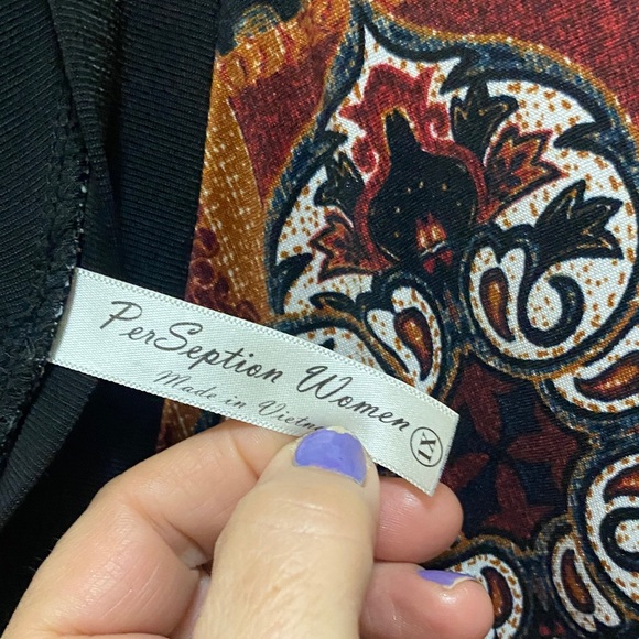 Perceptions Asymmetrical Dress with Black and Burgundy Patterns - Picture 5 of 9